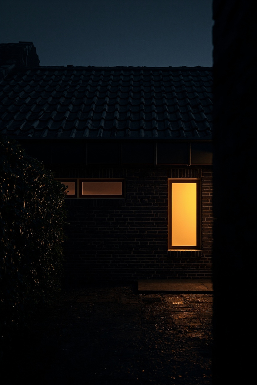 De achtergevel van een rijtjeshuis in het donker, met één verlicht raam en een donker pannendak erboven