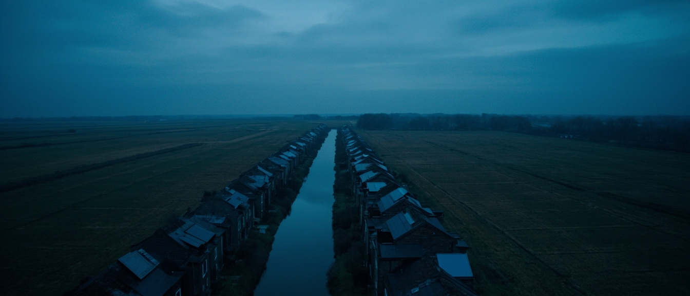 The flat Haarlemmermeer polder at blue hour, a straight drainage canal and a row of roofs with matte black panels on the horizon