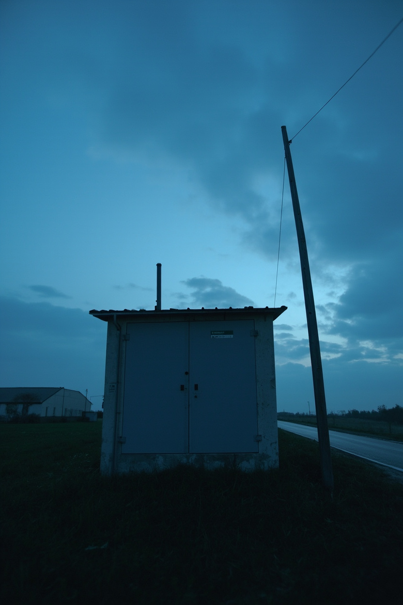 A small grey distribution substation on the verge of a straight polder road as dusk falls