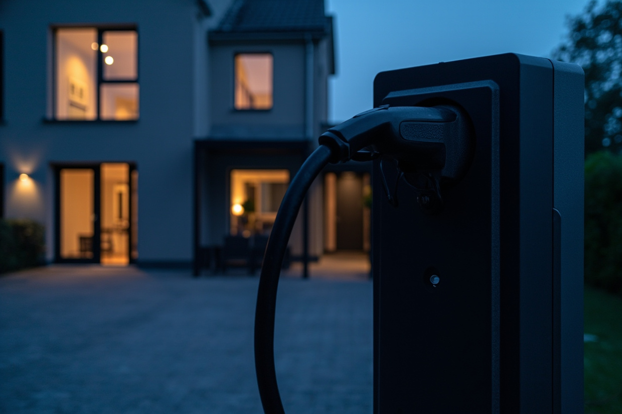 A slim black charging post on a paved driveway shortly after sunset