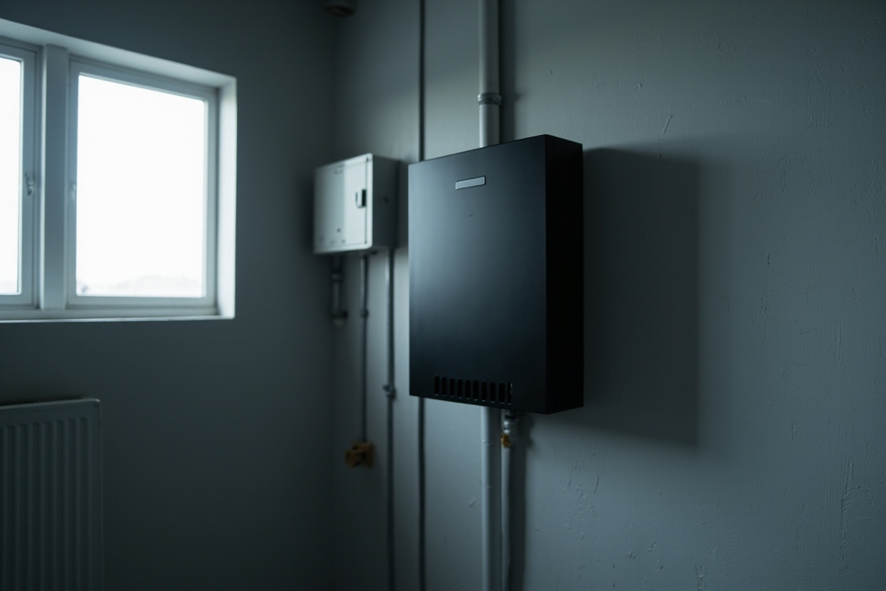 A slim matte black home battery on the wall of a tidy Dutch utility room