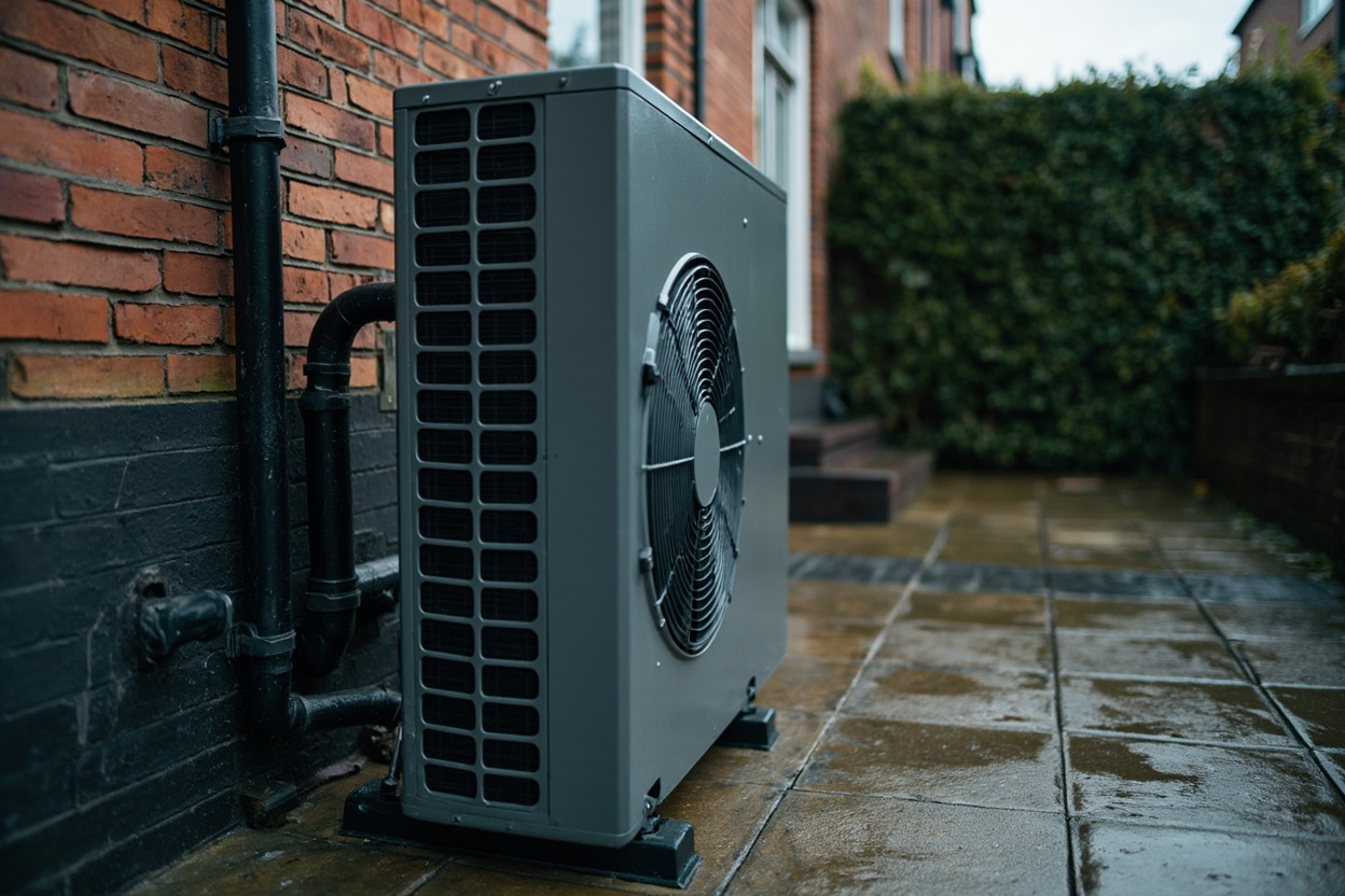 The outdoor unit of a heat pump against the rear wall of a Dutch terraced house