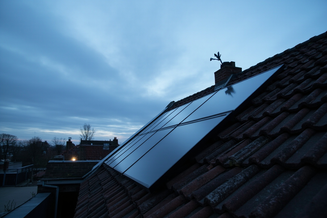 Matte black panels flush in the plane of a pitched tiled roof in the polder