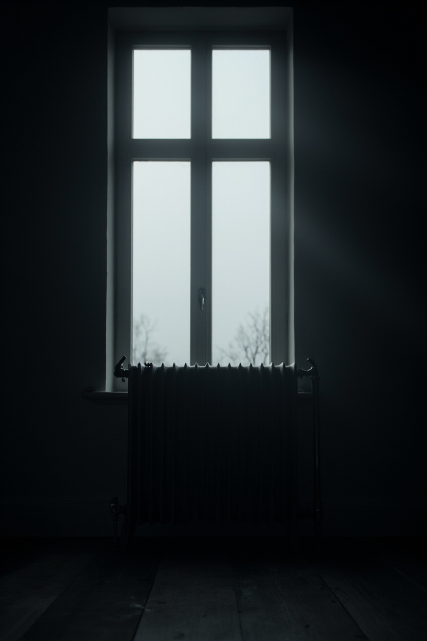 Een gietijzeren ribbenradiator onder een hoog raam in een lege, onverlichte kamer bij schemer