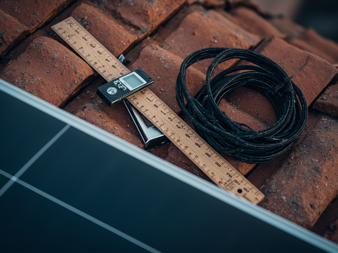 Roof survey tools on the ridge of a tiled roof seen from directly above: a folding rule, an inclinometer and a coil of black cable